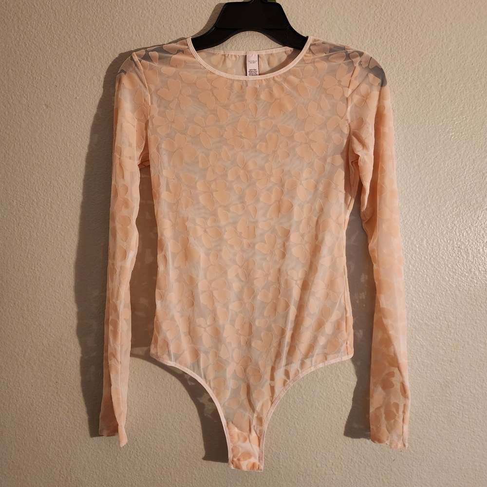 Floral Lace Long Sleeve Bodysuit - Pink/Cream Sheer